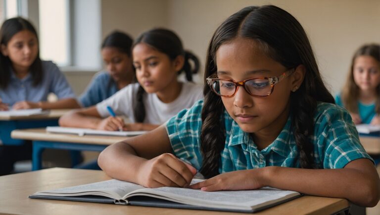 A imagem ilustra um ambiente de educação inclusiva no Brasil, onde a diversidade é valorizada e todos os alunos têm acesso ao aprendizado.