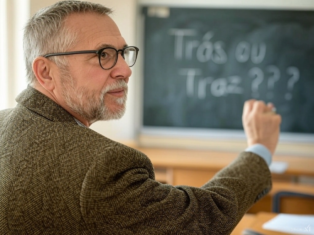 Professor idoso com barba grisalha, óculos e blazer marrom escreve no quadro negro a dúvida gramatical: 'Trás ou Traz???'. Ele olha para trás, aparentemente esperando uma resposta dos alunos. A cena se passa em uma sala de aula tradicional.