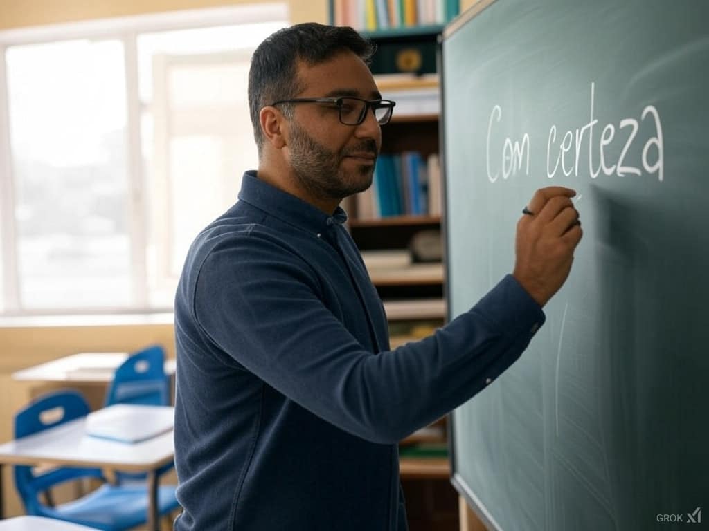 Um professor escreve 'Com certeza' no quadro verde de uma sala de aula. Ele está usando uma camisa azul e óculos, segurando um marcador. Ao fundo, há carteiras escolares com cadeiras azuis e uma estante com livros organizados.